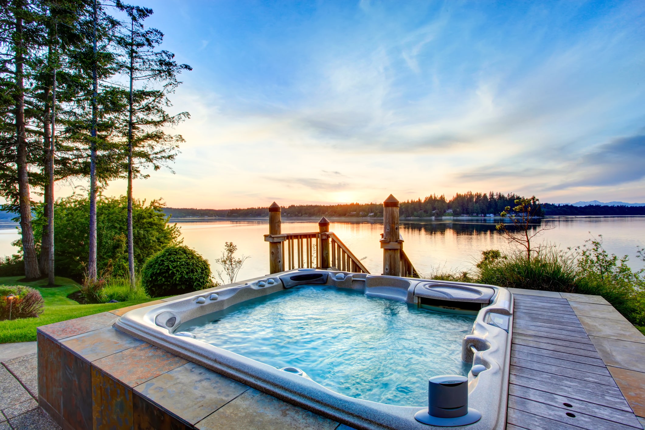 finance a hot tub like this one in a deck in the sunset