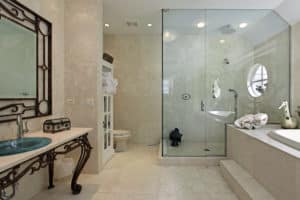 Luxurious shower in lavishly decorated bathroom