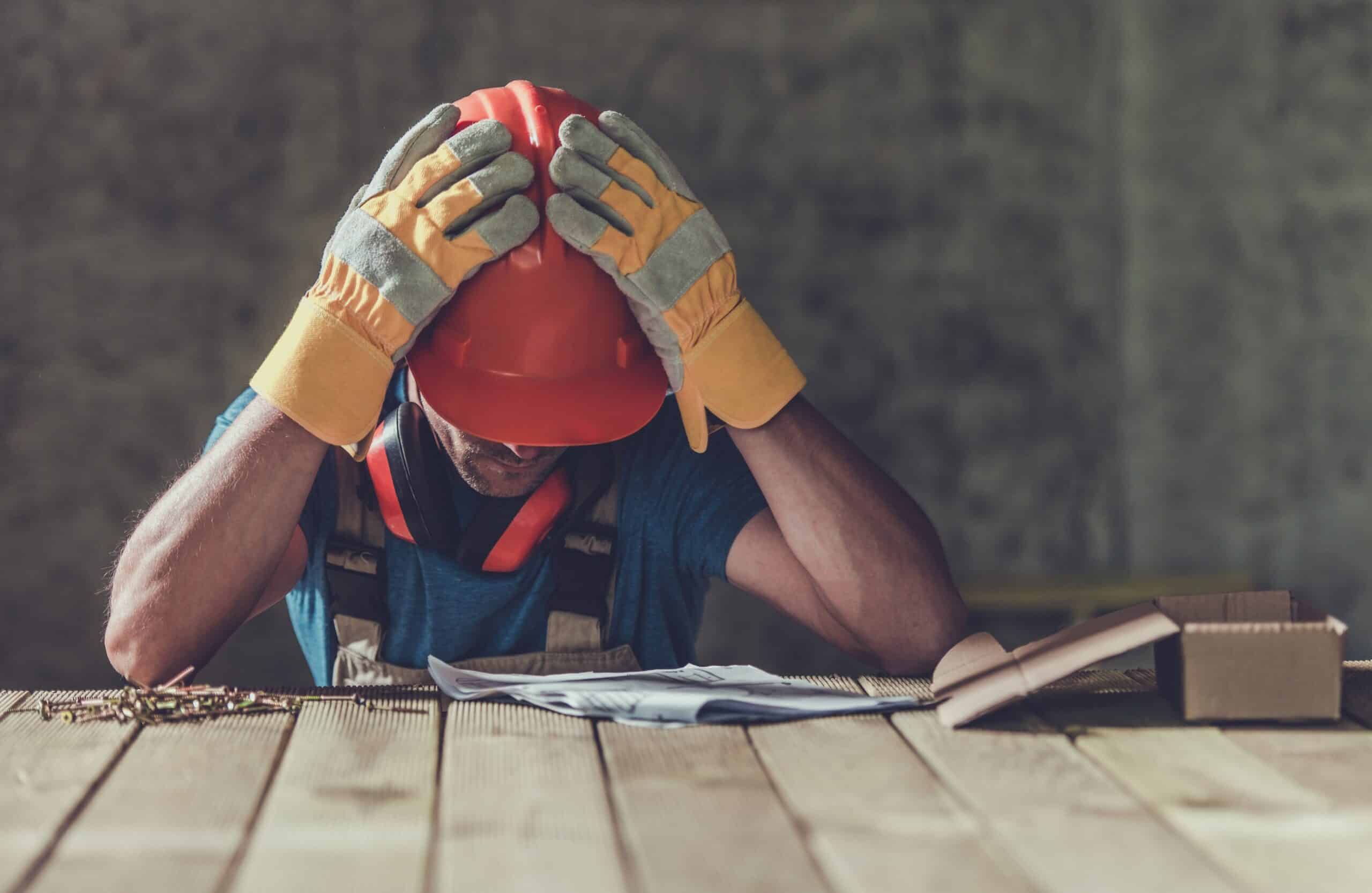 A contracting business owner holds his hard hat covered head in his gloved hands as he contemplates the slow economy.