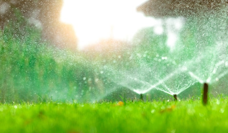 Sprinkler system sprinkling in a yard