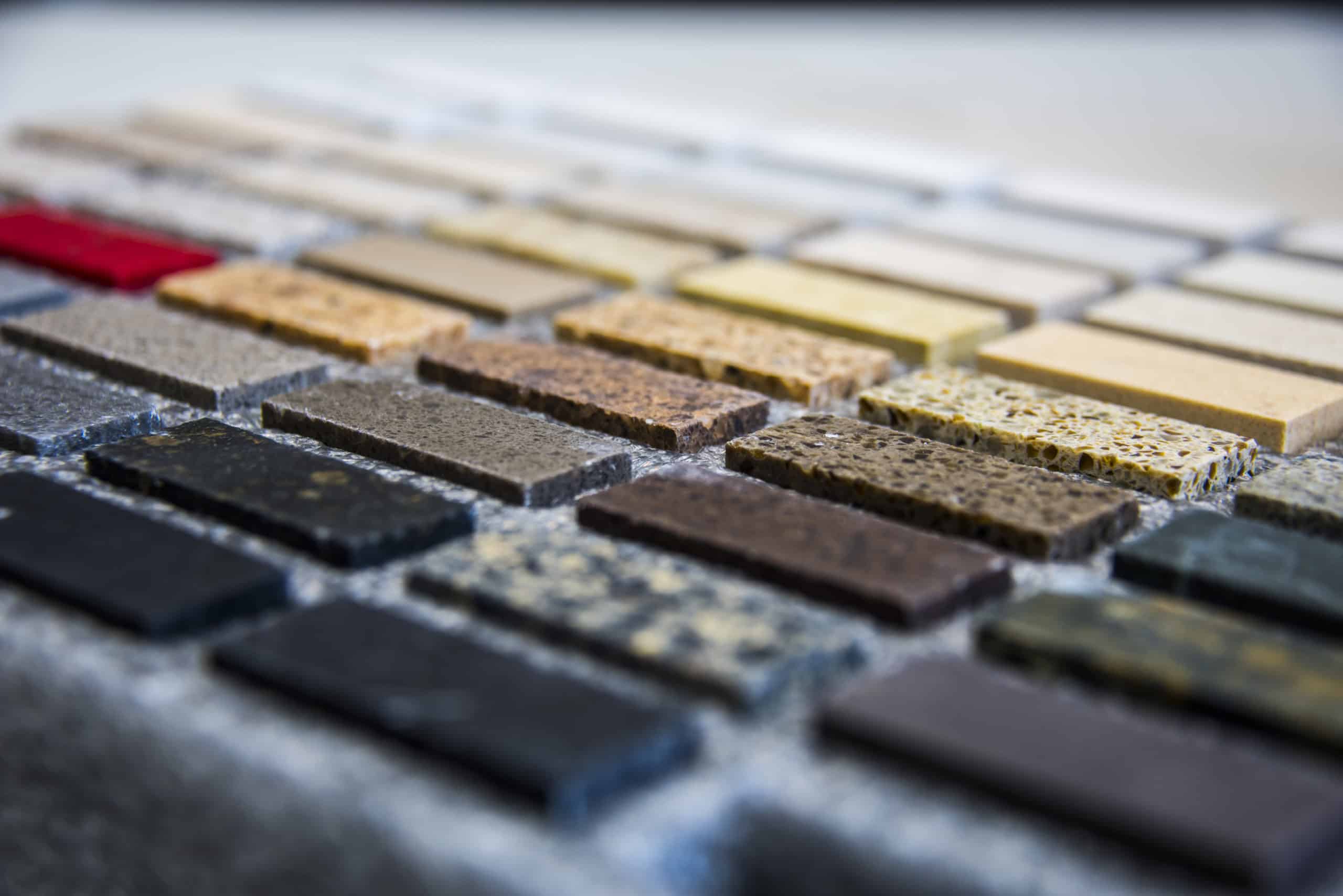 Granite counter top samplings arrayed on table