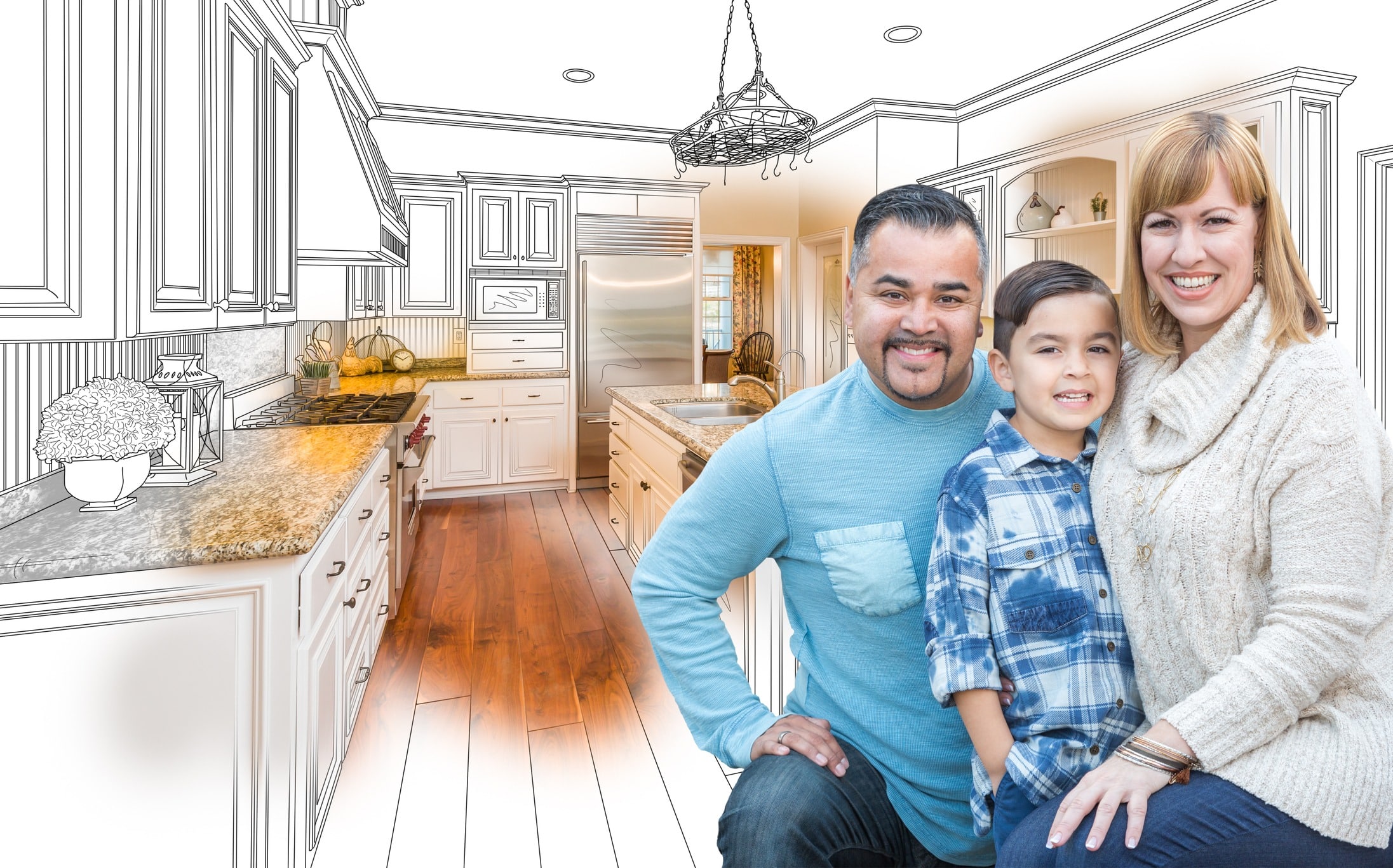 Family in front of kitchen renovation drawing
