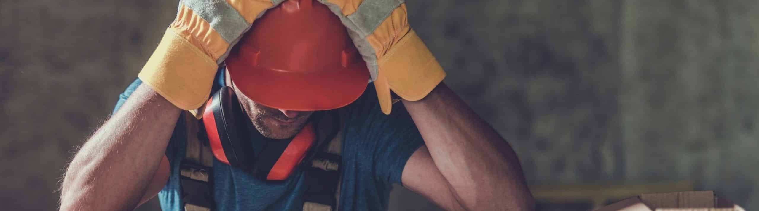 general contractor deals with difficulties as he holds his hard hat covered head in his hands