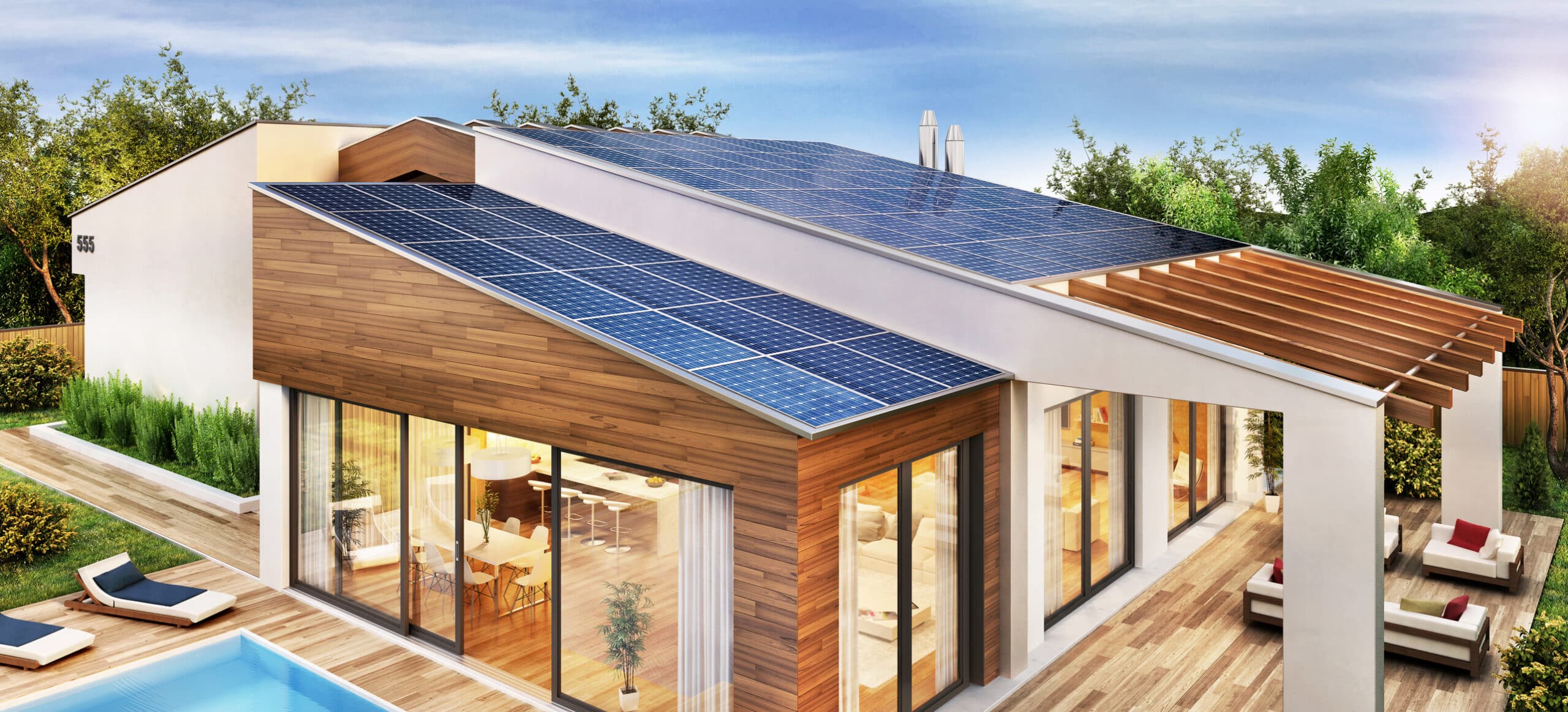 solar panels on a modern home with a swimming pool